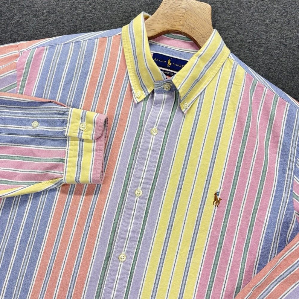 Ralph Lauren Oxford Shirt Mens XL Colorblock Striped Long Sleeve Flesh Pony